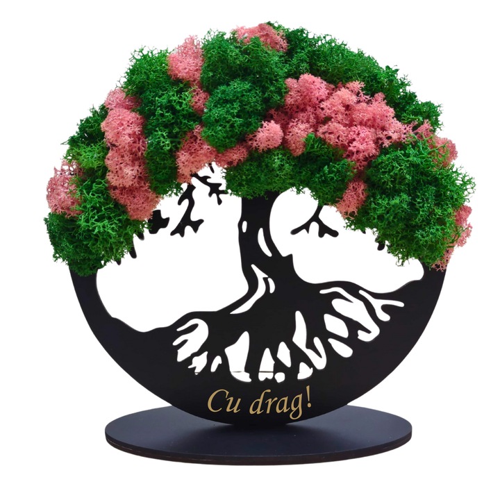 Tablou din lemn - Cu drag! - v5 decorat cu licheni stabilizati verde-roz, diametru 20 cm, neagra