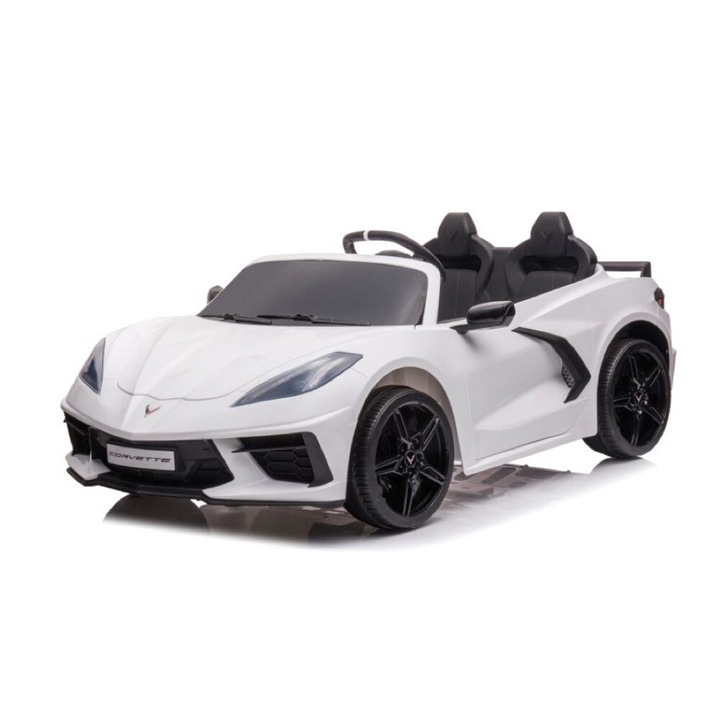 Mainuta electrica pentru copii Corvette Stingray Alb 12v cu 2 locuri, modul muzical, scaun din piele, cauciucuri EVA