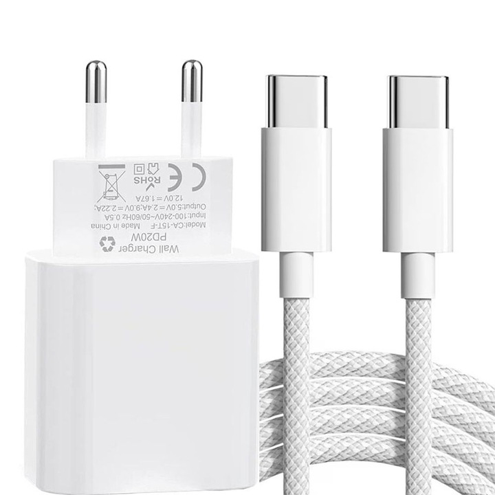 Set Incarcator Rapid 20W si Cablu Date 1M Type-C, Alb, compatibil cu dispozitive USB-C