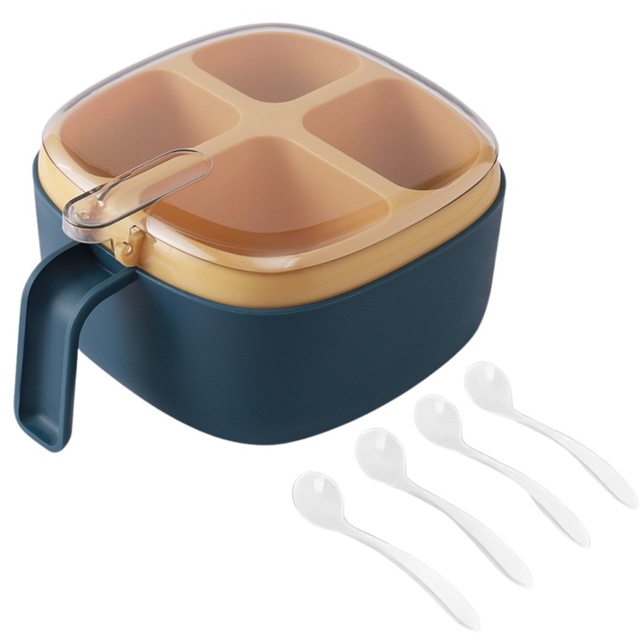 Recipient Premium Pentru Condimente cu 4 Compartimente, 4 Lingurite Albe Incluse, Capac Transparent, maner ergonomic, 14 cm x 14 cm x 8 cm, Culoare Albastru, ideal pentru organizarea condimentelor