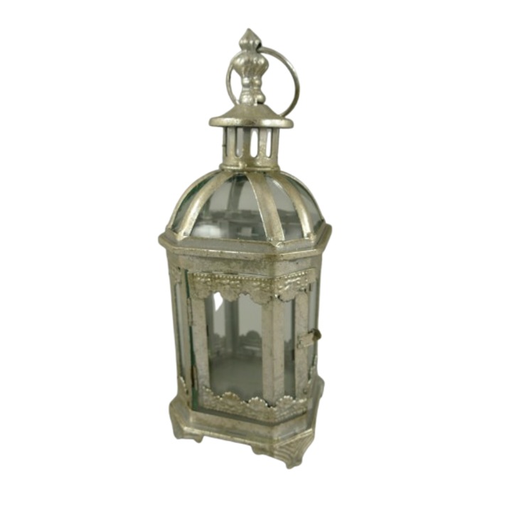 Felinar decorativ, argintiu, fier si sticla, H 28 cm