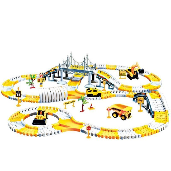 Set de constructie cu 343 piese, vehicule de constructie si masini electrice, pentru baieti, 6 ani, multicolor