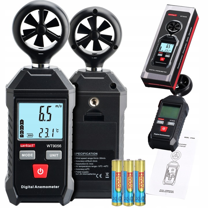 Anemometru Wintact WT9056, masurare viteza vant, temperatura, 6-lopat, LCD, 158x54x32mm, set cu 3 baterii AAA