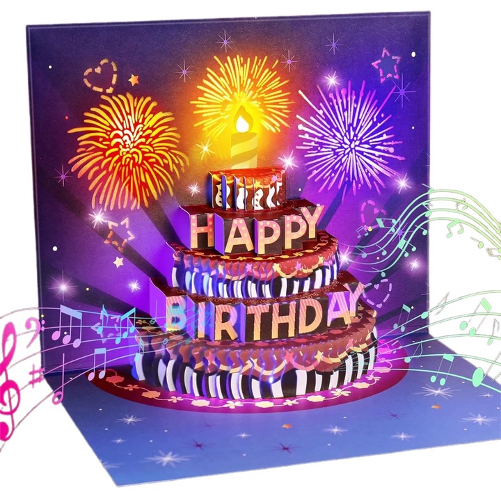 Felicitare pop-up 3D cu tort, muzicala, lumina LED, 15x20cm, multicolor