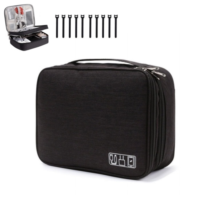 Чанта-органайзер за кабели с 10 кабелни връзки, водоустойчива, 28x21x9 см, черна, голям капацитет с множество отделения