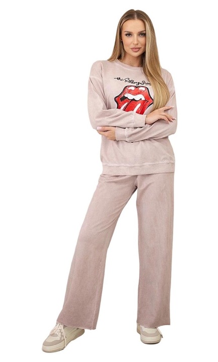 Compleu dama, Wloski, bluza si pantaloni, bumbac/elastan, efect de decolorare, roz, dimensiune universala