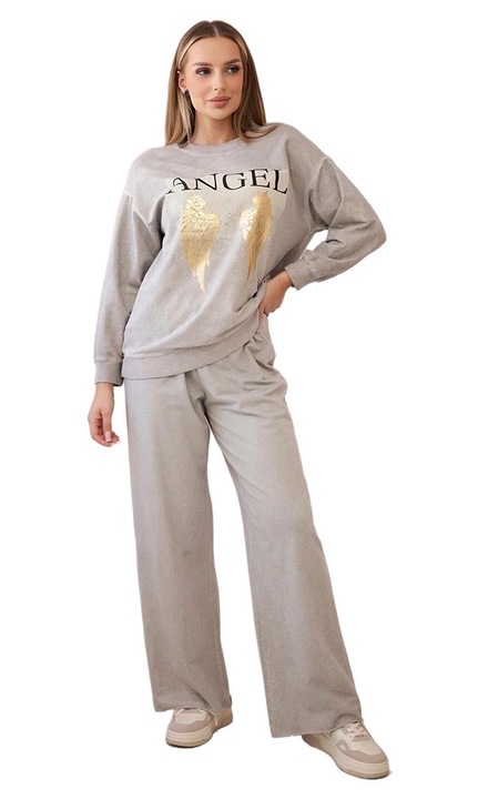 Дамски анцуг, Angel, Wloski, памук/еластан, блуза и панталон, бежов, универсален