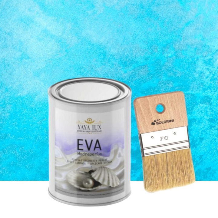 Vopsea Decorativa de Lux, Eva Madreperla, Azur, cu Fulgi de Sticla, 0, 5 Litri si Pensula 70 mm, YaYa Color