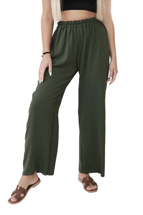 Pantaloni dama, Wloski, cu talie elastica, latime mare, poliester, khaki, dimensiune universala