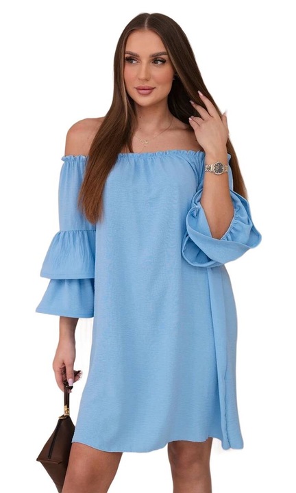 Wloski spanyol ruha, dekoratív ujjú, poliészter/viszkóz/elasztán, kék, One Size INTL