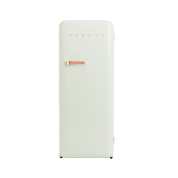 Frigider Retro CREATE, capacitate 281 litri, H 150 cm, congelator 21 litri, temperatura reglabila, 3 rafturi din sticla, 1 raft otel pentru sticle, 4 compartimente pe usa, compartiment fructe/legume, iluminare interioara, maner rose gold, verde pastel Frigider Retro CREATE, capacitate 281 litri, H 150 cm, congelator 21 litri, temperatura reglabila, 3 rafturi din sticla, 1 raft otel pentru sticle, 4 compartimente pe usa, compartiment fructe/legume, iluminare interioara, maner rose gold, verde pastel