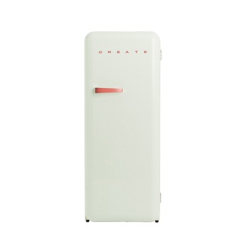 Frigider Retro CREATE, capacitate 281 litri, H 150 cm, congelator 21 litri, temperatura reglabila, 3 rafturi din sticla, 1 raft otel pentru sticle, 4 compartimente pe usa, compartiment fructe/legume, iluminare interioara, maner teracota, verde pastel Frigider Retro CREATE, capacitate 281 litri, H 150 cm, congelator 21 litri, temperatura reglabila, 3 rafturi din sticla, 1 raft otel pentru sticle, 4 compartimente pe usa, compartiment fructe/legume, iluminare interioara, maner teracota, verde pastel