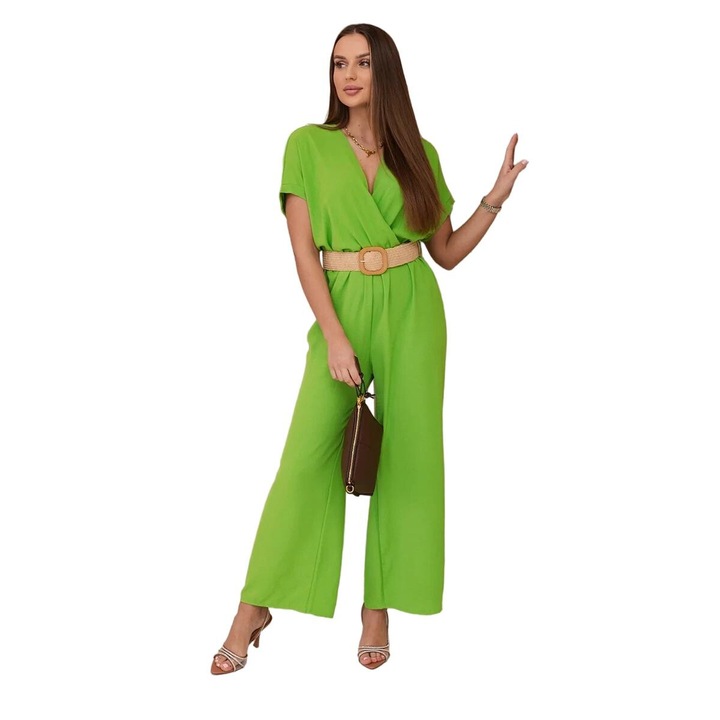 Női jumpsuit, Wloski, poliészter/elasztán, dekor övvel, pisztácia, egy méret INTL