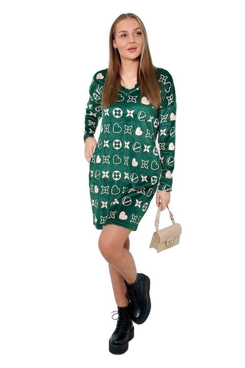 Rochie dama cu model decorativ, verde si bej, Poliester, dimensiuni 55x90cm