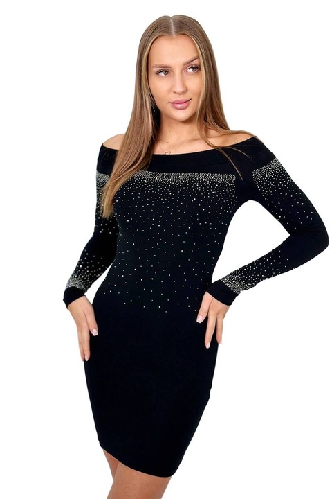 Rochie neagra din tricot cu umeri descoperiti, detalii cu cristale, dimensiuni universale