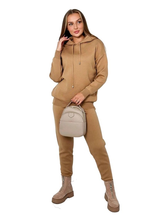 Compleu dama, acril, pulovercu gluga si pantaloni, maro, One Size INTL