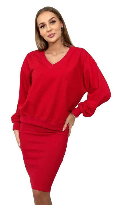 Комплект блуза и рокля с презрамки, червен, памук/еластан, One Size INTL