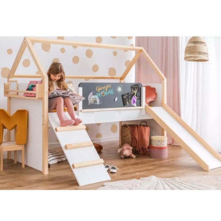 Детско Легло Къщичка GINGER HOME, Монтесори, Двуетажно, Пързалка, Черна Дъска, Подматрачна Рамка 90х200 см