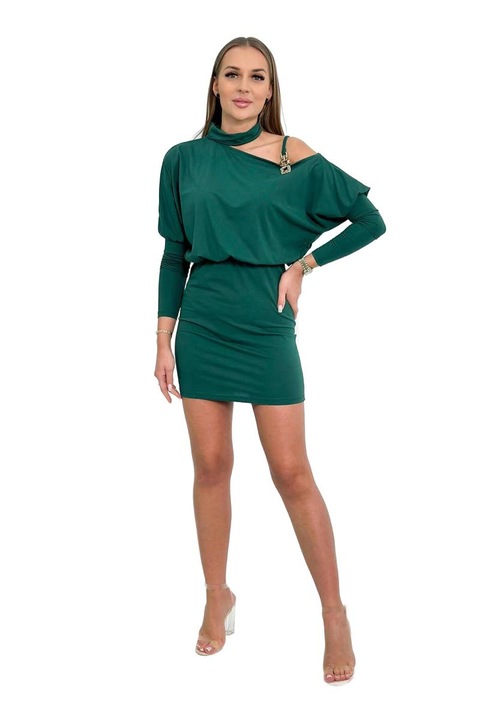 Тъмно зелена рокля с орнамент на рамото, памук/еластан, универсален размер