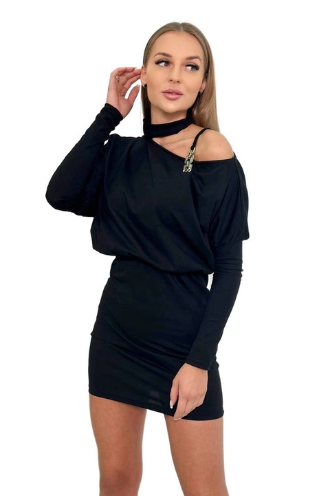 Черна рокля с орнамент на рамото, памук/еластан, универсален размер