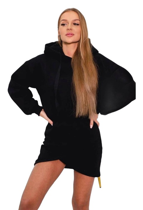 Rochie cu gluga, bumbac/elastan, cu elastic in talie, negru, One Size INTL