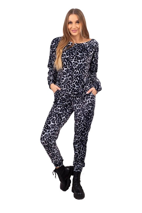 Compleu bluza si pantaloni din velur cu motivatie pantera, negru, poliester/lycra, marime universala