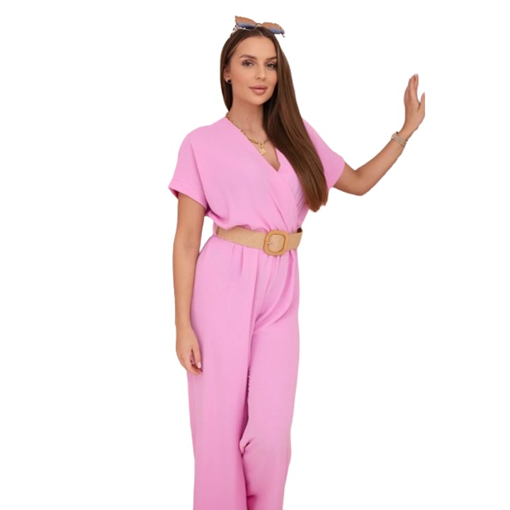 Női jumpsuit, Wloski, poliészter/elasztán, dekoratív öv, világos rózsaszín, egy méret