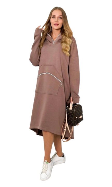 Рокля тип суичър с качулка, памук/еластан, кафява, One Size INTL