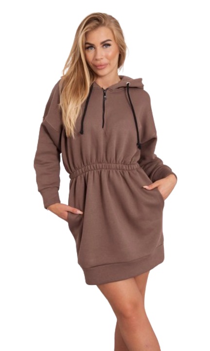 Рокля с качулка и ластик на талията, памук/еластан, кафява, One Size INTL