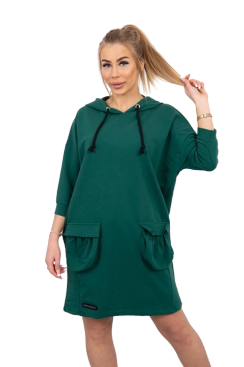 Rochie cu gluga, verde inchis, dimensiuni universale, 90% bumbac, 10% elastan