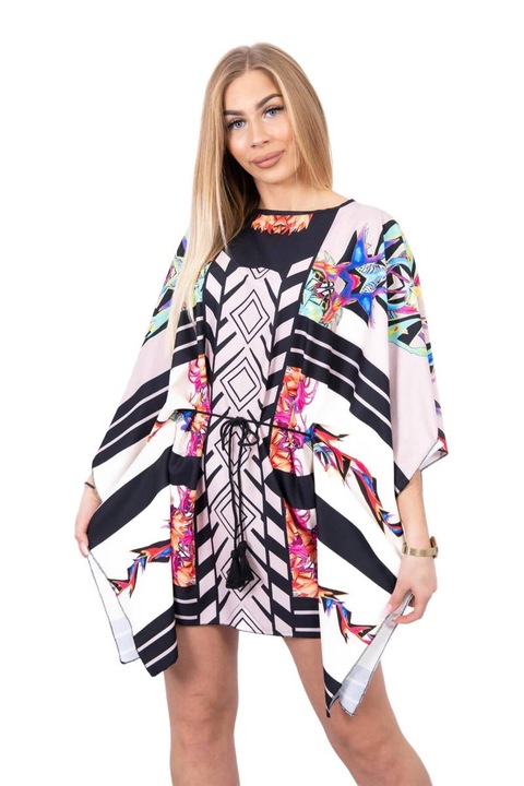 Дамска мини рокля, с връзка на талията, полиестер/ликра, многоцветна, универсален размер