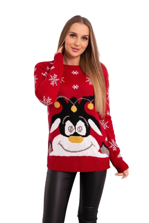 Női karácsonyi pulóver, rénszarvas modell, gyapjú/akril, piros, univerzális méret