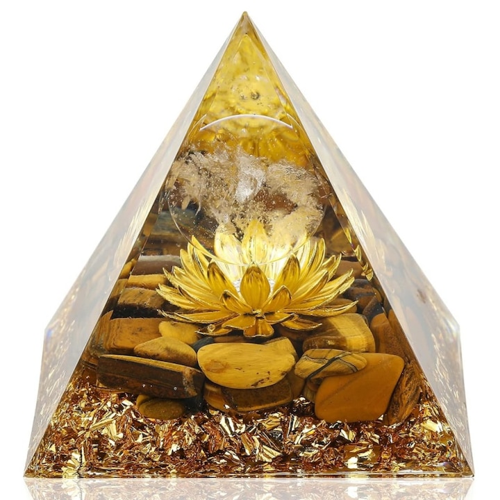 Set Piramida Orgonica cu cristale de ochi de tigru, floare de lotus, sfera din cristal transparent, bratara protectie rosu si saculet catifea gri, Promoveaza bogatia, prosperitatea si atrage succesul