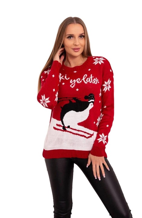 Női karácsonyi pulóver, pingvin mintás, gyapjú/akril, piros/fehér, univerzális méret