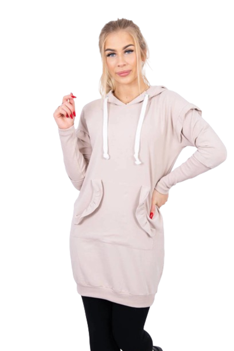 Дамска рокля с качулка, памук/еластан, бежова, универсален размер