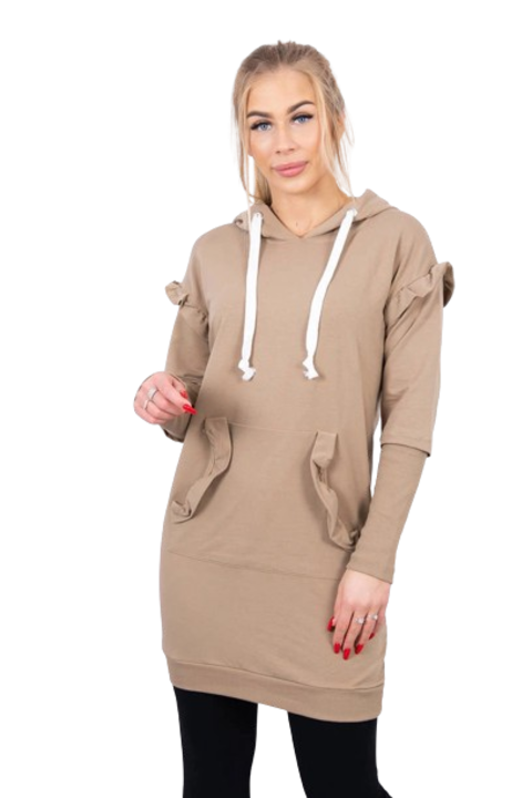 Дамска рокля с качулка, памук/еластан, камел кафяво, универсален размер