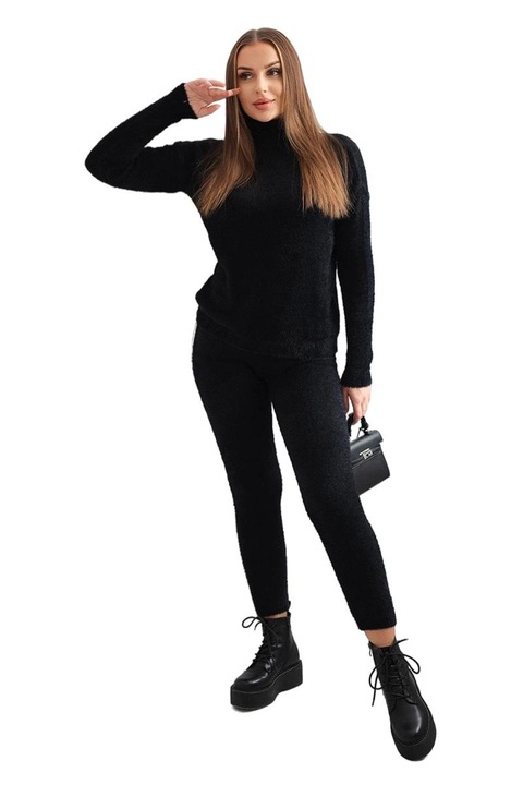 Compleu dama, pulover si pantaloni cu buzunare, negru, acril, One Size INTL