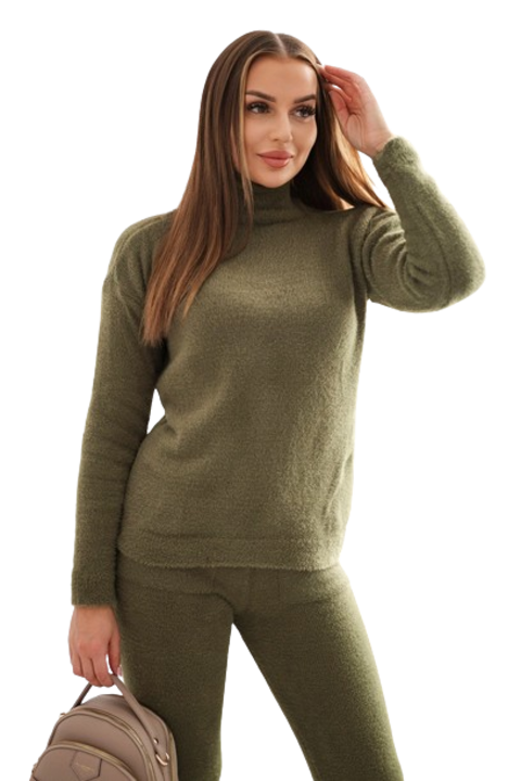 2 részes szett, galléros blúz és nadrág, khaki, univerzális méretek