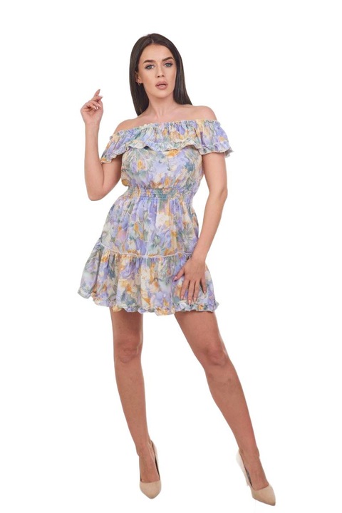 Дамска рокля на цветя, полиестер, с ластик на талията, многоцветна, един размер