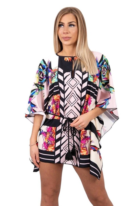 Дамска рокля с ръкави, полиестер/ликра, връзваща се на талията, многоцветна, един размер