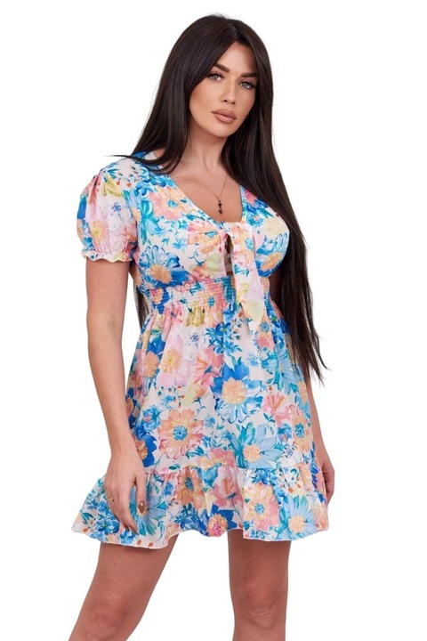 Дамска рокля на цветя с V-образно деколте, полиестер, многоцветна, един размер