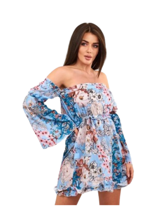 Spanyol női ruha virágokkal, poliészter, kék, egy méret