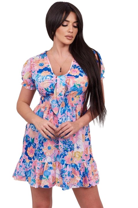 Рокля на цветя с V-образно деколте за дами, полиестер, многоцветна, един размер