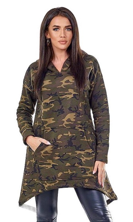 Рокля с качулка, по-дълъг гръб, зелена, памук/еластан, каки/зелена