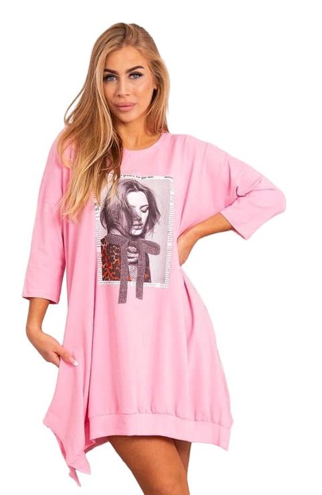 Дамска рокля, с щампа, разкроена кройка, памук/еластан, розова, един размер