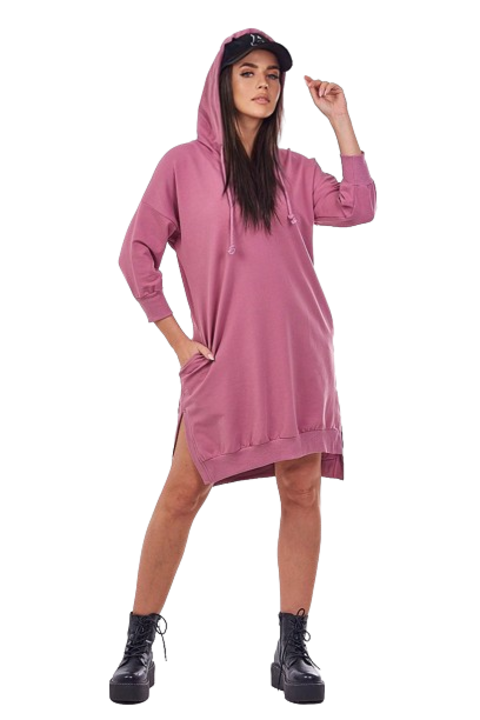 Рокля с качулка, тъмно розова, с джобове, универсални размери
