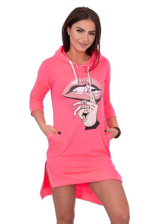 Рокля, памук, цветен принт, по-дълъг гръб, неоново розово, One Size INTL