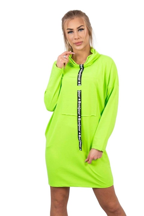 Рокля, С панделка, Имитираща крават, 90% памук, Универсални размери, Неоново зелена