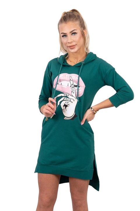 Рокля с качулка, цветен принт, тъмно зелено, универсални размери