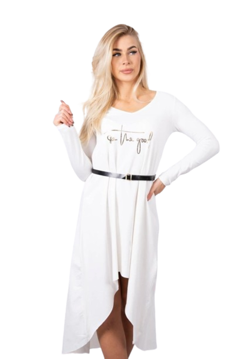 Рокля в цвят екрю с декоративна лента и надпис универсален размер 42х128см